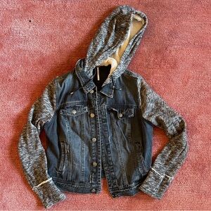 Free People Denim and Gray Distressed Hooded Jean Jacket Size Medium